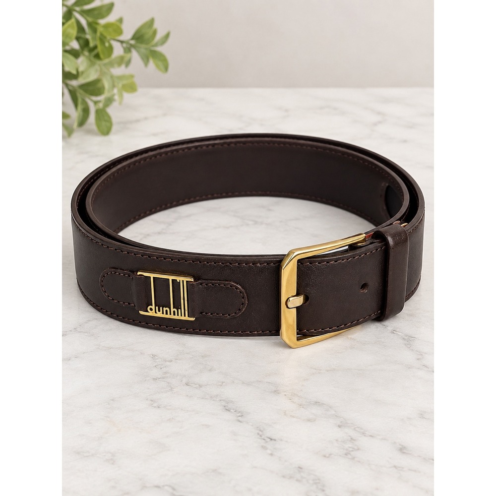 Dunhill Mens Dark Brown Leather Belt Gold Buckle Size 38 95 Made in Italy